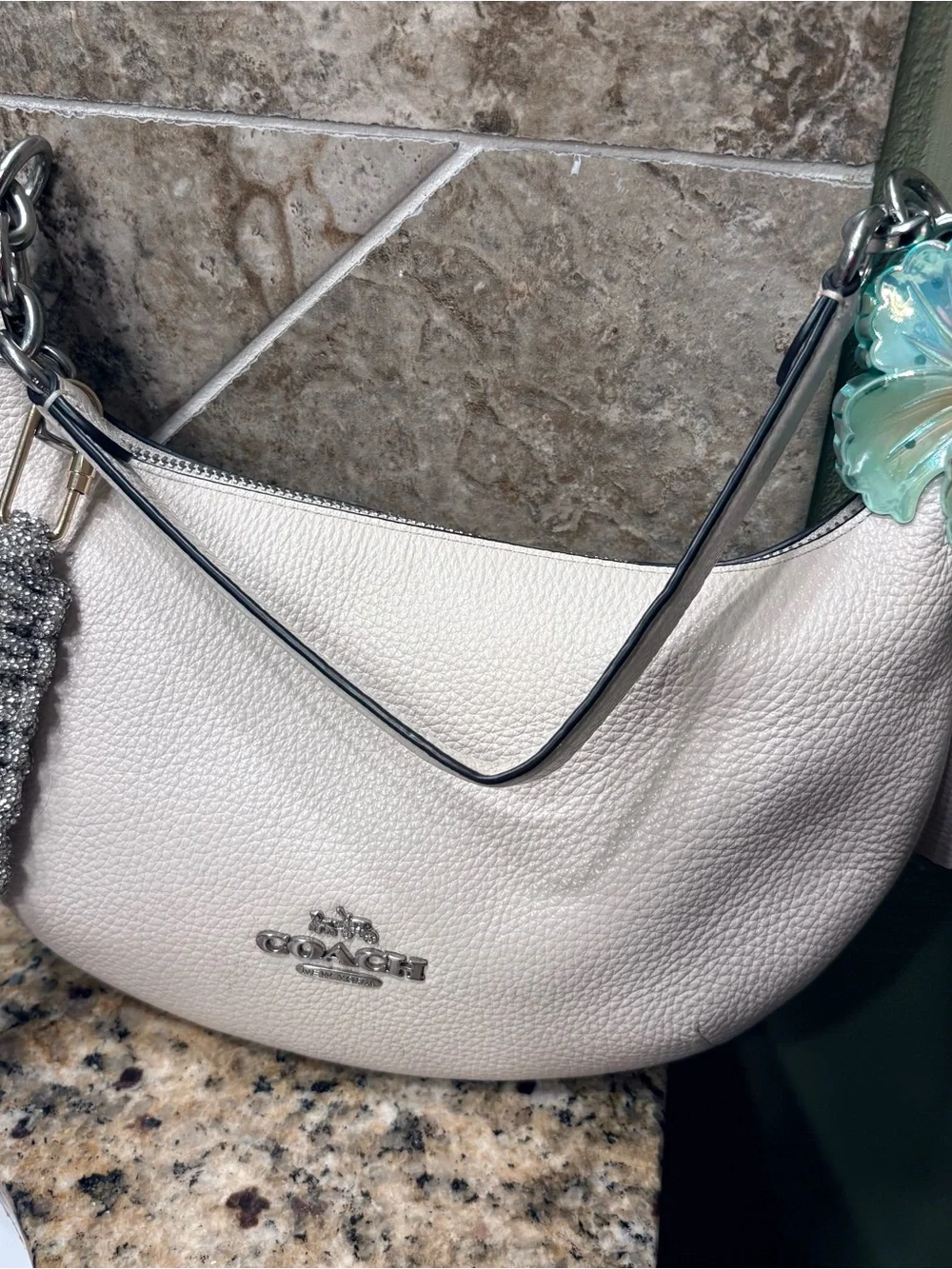 Coach Pebbled Leather Shoulder Bag in white and silver Strap